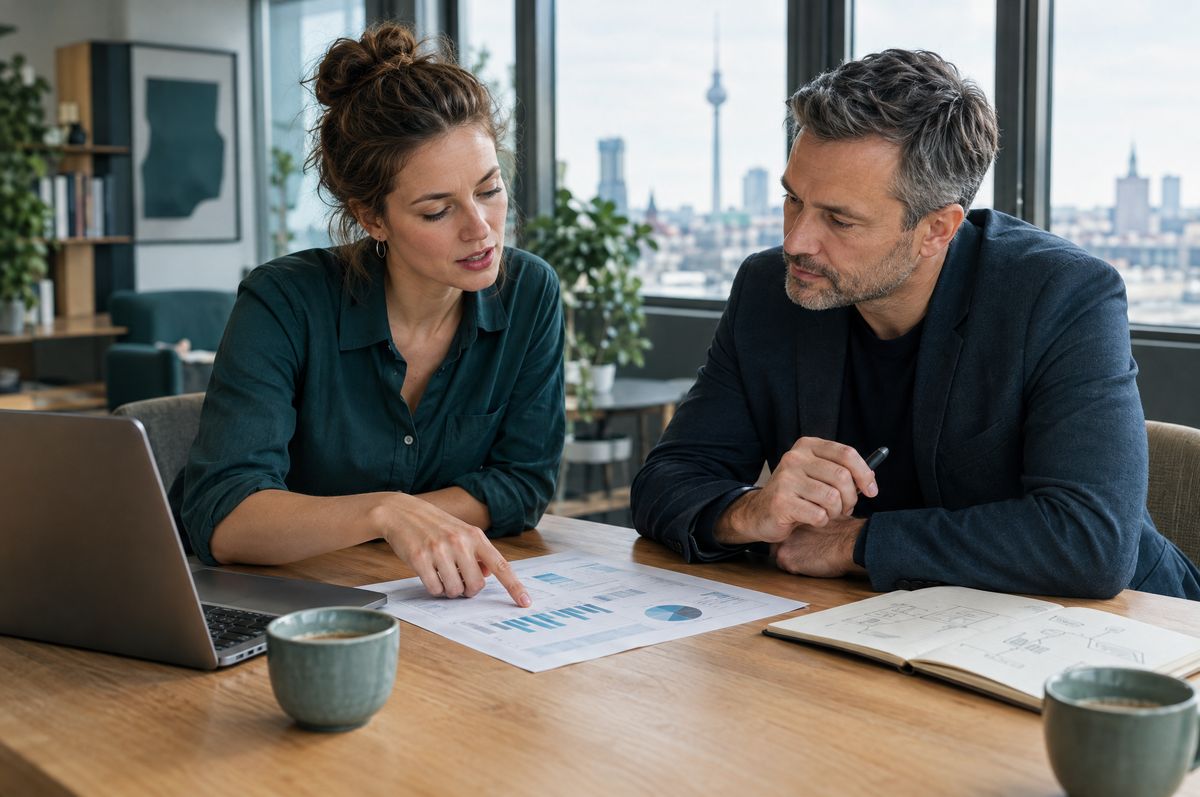 Symbolbild: Gründerin und Berater besprechen einen Finanzplan in einem Berliner Büro